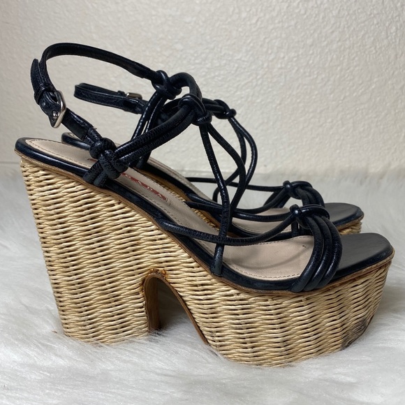 Prada Knotted Leather Wicker Platform Wedge Heels - Picture 2 of 14